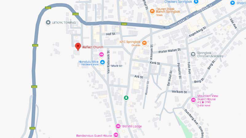 Map showing the location of iReflect AFM Church in Springbok, Northern Cape, South Africa